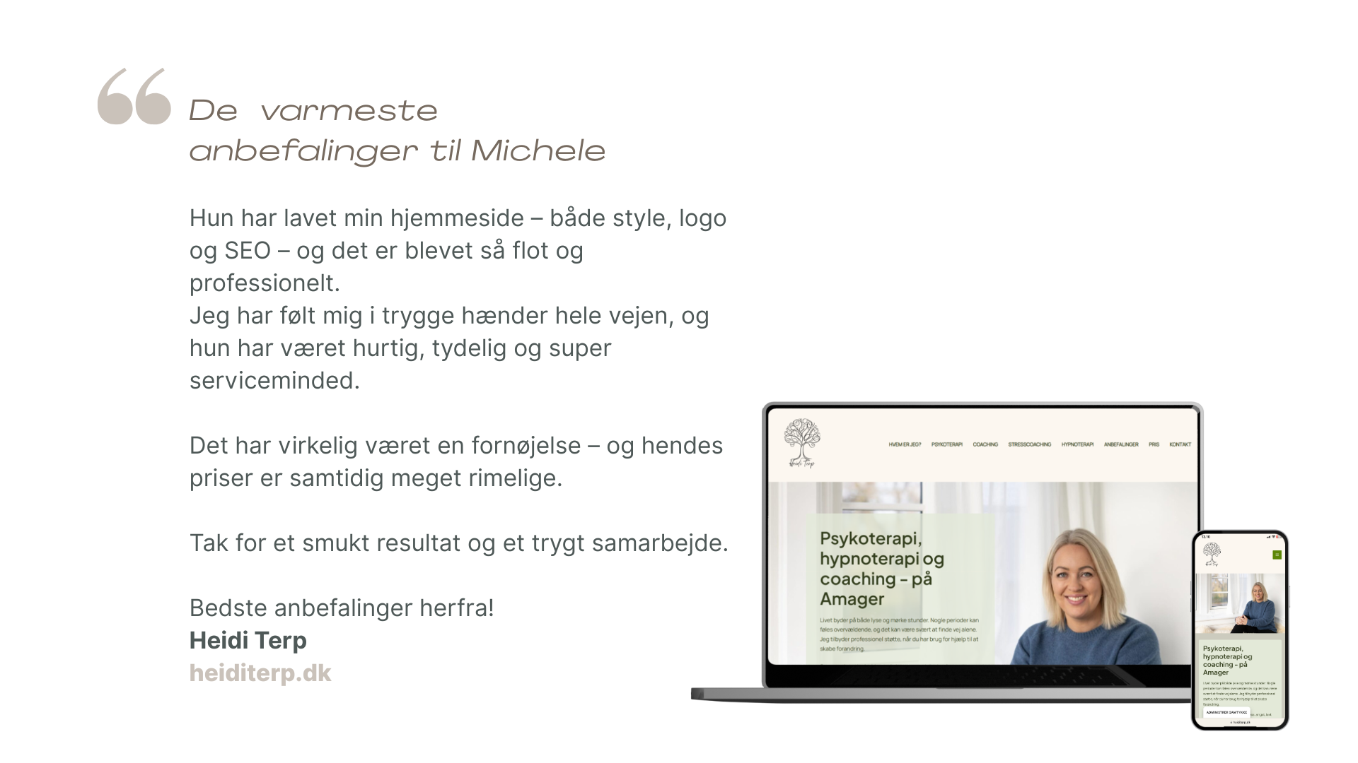 Anbefaling af Hello Content og Michele Depenau til Webdesign, visuel identitet, SoMe og Content