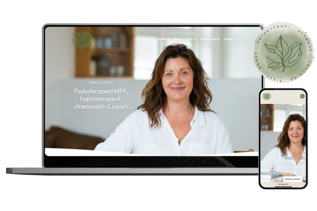 Mockup af webdesign og visuel identitet. samt SoMe af Hello Content, Michele Depenau